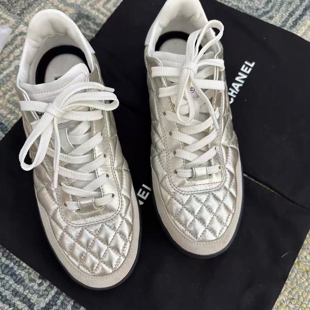 CHANEL Silver Quilted Women's Sneakers